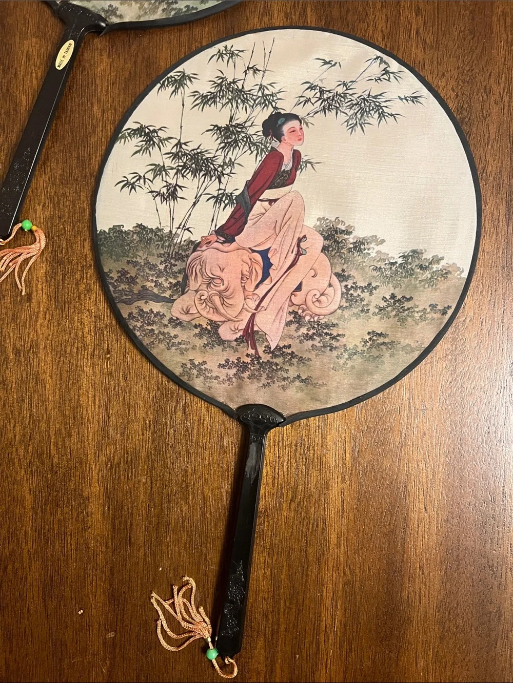 2 Vintage Traditional Asian Round Silk Wall Fans in Pink and Black